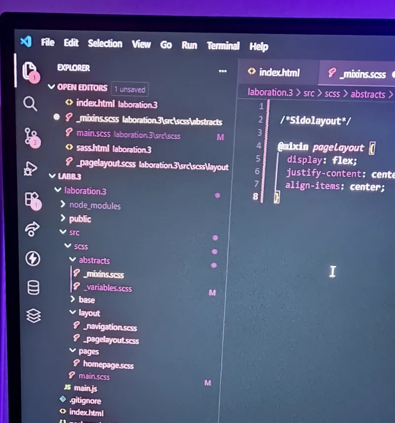 Skärm som visar SASS-kod